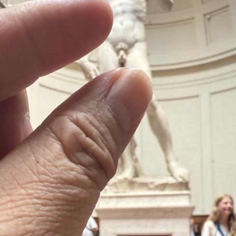 in front of the statue of david in firenze, italy i placed my fingers in front of the camera depicting me pinching david’s junk