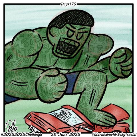 Drawing of Darlo in a car while a giant recycled Hulk sculpture stamps on it, Hulk smashing it.