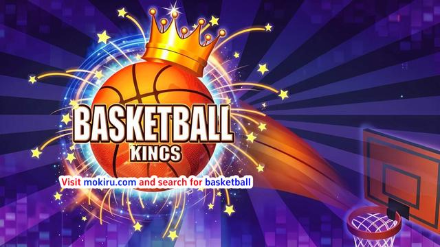 Basketball Kings logo featuring a basketball with a golden crown, surrounded by vibrant stars and light effects. Purple background with a basketball hoop on the right.