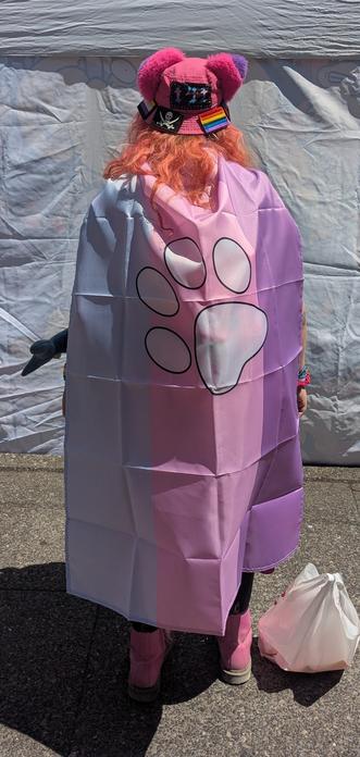 me at pride in my usual outfit wearing the kitten flag as a cape