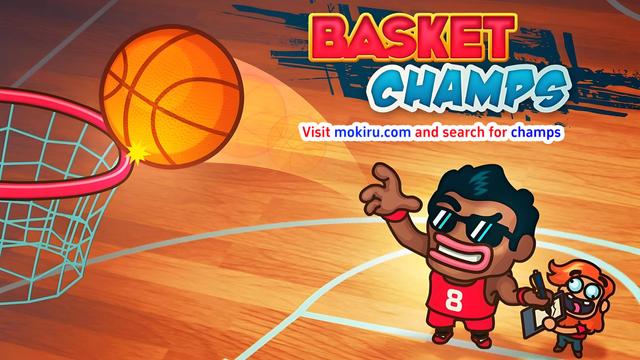 Cartoon basketball game 'Basket Champs' featuring a player in a red jersey shooting a hoop and a surprised onlooker. The ball is mid-air, heading towards the net.