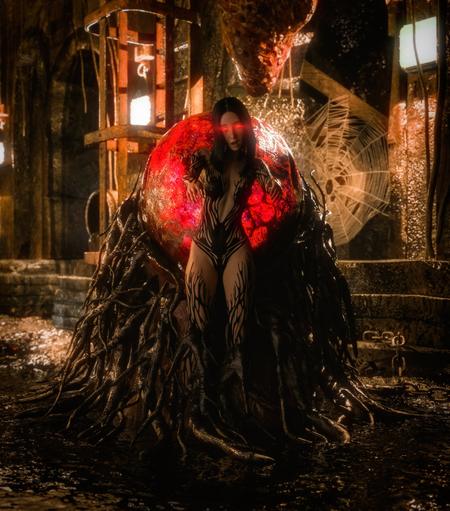 Description by LocalLLM: The image shows a dark, haunting fantasy scene centered around a sinister female figure. She stands in front of a large, pulsating red orb embedded in a mass of black, root-like tendrils that spread outward across the floor. The orb emits an eerie red glow, illuminating her from behind.

The woman has long black hair and glowing red eyes that pierce through the dim, dungeon-like surroundings. Her body is adorned with a revealing black outfit or markings that resemble creeping vines or tendrils, merging her appearance with the organic, twisted environment. She appears to be emerging from or bound to the roots of the orb, giving her an otherworldly, almost demonic presence.

Around her, the setting is dark and grimy, resembling a crypt or subterranean lair. Dim industrial lights and cobwebs cling to the stone structures and metallic machinery, creating an unsettling, oppressive atmosphere. The overall mood is one of menace and dark magic — as if the figure is part of a dark ritual or the embodiment of an ancient, corrupted force.