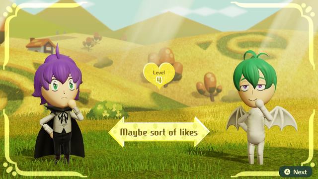 Carl (a Cool vampire) and Scott (an Energetic imp) are at the ranch on an outing. Their bond has just strengthened to friendship level 4, "Maybe sort of likes." Their left hands are on their chins.