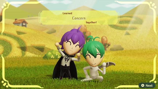 Carl and Scott are at the ranch together for an outing. Their friendship level has increased, and they have learned the Concern assist, meaning that if one of them takes damage from an enemy, the other has a chance to check on them to see if they're okay.

Carl is standing up with his arms raised, while Scott is crouched down. Both have a happy expression on their faces.