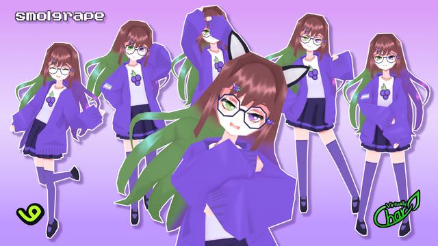 Several poses of one low poly model of smolgrape the vtuber. She's a purple clothed girl with brown hair that has green and purple dye at the ends. She has one green eye and one purple eye. Round glasses. In the middle pose she is wearing cat ears.
smolgrape
vgen logo
virtually char logo