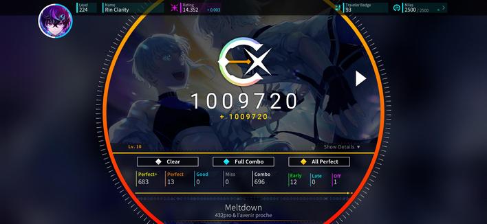 Rotaeno play result. 
"Meltdown" by 432pro & l'avenir proche; Chart III rated 10. 
1,009,720 points and rank EX+. 
All Perfect with 13 non-plus. 
First try.