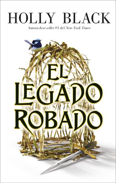Portafa con una jaula de pájaro dorada hecha con ramas. Hay un pájaro azul posado encima y una daga apoyada delante de la jaula.