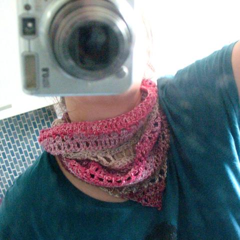 Me wearing the cowl with a blue T-shirt, taking the photo in front of a mirror with the camera in front of my face.