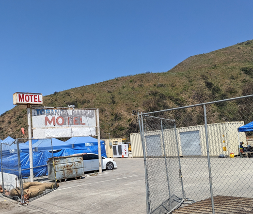 Sign: Topanga Ranch Hotel, faded. Temporary construction offices