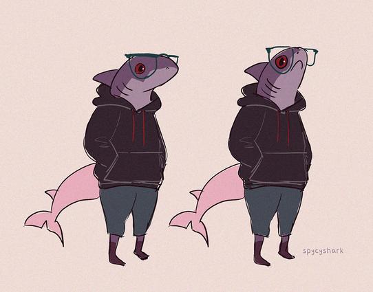 My sona in shark form. They are purple, wearing a hoodie, glasses, and have a pink tail.