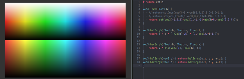 HSV and HSL hue strips, along with the following code:

vec3 _h2c(float h) {
    // return sat(abs(mod(h*6.+vec3(0,4,2),6.)-3.)-1.);
    // return sat(abs(fract(h+vec3(3,2,1)/3.)*6.-3.)-1.);
    return sat(vec3(-1,2,2)+vec3(1,-1,-1)*abs(h*6.-vec3(3,2,4)));
}

vec3 hsl2srgb(float h, float s, float l) {
    return l + s * (_h2c(h)-.5) * (1.-abs(2.*l-1.));
}

vec3 hsv2srgb(float h, float s, float v) {
    return v * mix(vec3(1), _h2c(h), s);
}

vec3 hsl2srgb(vec3 c) { return hsl2srgb(c.x, c.y, c.z); }
vec3 hsv2srgb(vec3 c) { return hsv2srgb(c.x, c.y, c.z); }