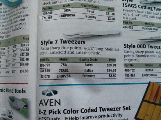 picture of a catalog page showing "style 7 tweezers" available in three quality grades. swiss, $29.90; italian, $14.60; economy, $3.90.