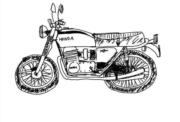 A hand drawn black and white sketch of a side profile of an old Honda CB750 motorcycle
