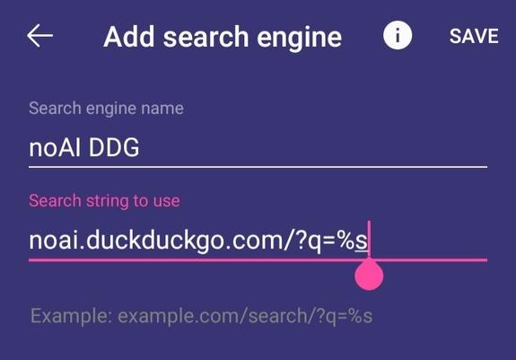 Screenshot of Firefox Focus settings to add a new search engine. I gave it the name "noAI DDG" and the search string "noai.duckduckgo.com/?q=%s"