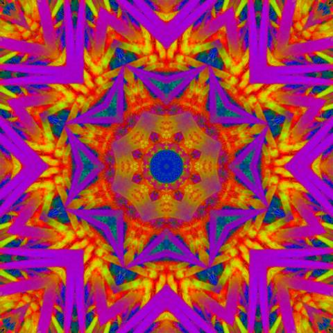 8-fold mandala with fiery red orange and purple stripes, creating a flower of flames