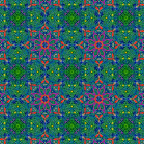 A kaleidoscopic tiling of a red star-shaped mandala on a green background.