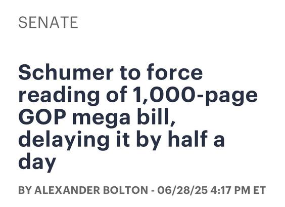 Text only headline about Schumer forcing bill reading