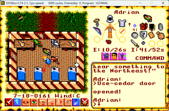 Screenshot from the classic RPG Ultima VI: The False Prophet, running in DOSBox. The game window shows the interior of a wooden inn or barracks with four beds arranged vertically. Three blue-covered beds are at the bottom, and a fourth is placed between two wooden desks at the top. The room has red-and-white striped walls and is set against an exterior of dense green forest with a dirt path visible outside the top wall.

The player character, Adrian, is visible in the center, along with several party members: a green-robed figure, a white-armored warrior, and a small brown animal (likely Sherry the Mouse) near the lower right bed. A trail of red blood or stains appears on the floor near the beds.

To the right of the game screen is Adrian's character sheet showing his equipment and stats.