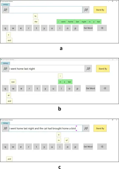 Screenshots showing the sequence of using part of a retrieved sentence and repurposing it for a different audience: a) the predicted sentence is offered to the user; b) the user selects the opening clause of the sentence only; c) the user completes the sentence with an alternative ending to suit their current interaction.

In three screens, subsequent suggestions to complete input are shown. Suggestions are letters, words, or full clauses. They are anchored at the next key that would start the suggestion, and allow the user to enter them all as a block. Any words in suggested clauses can be chosen as an end-point, and new suggestions restart from there.