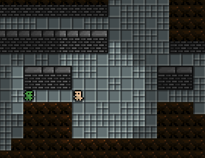 dungeon scene - most walls are brown 'default' texture, but some have nice tops and bottoms from the autotiling work