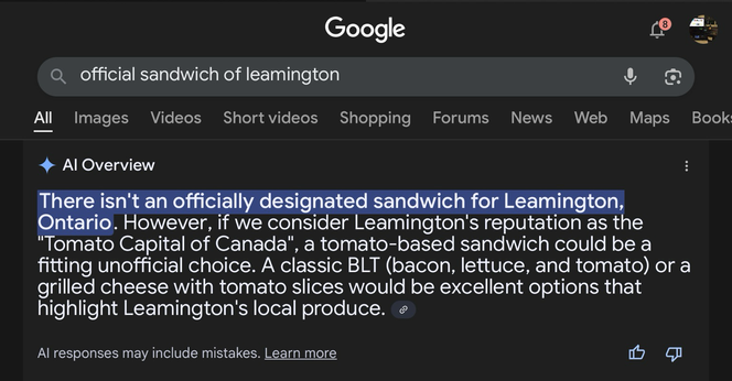 Google search ai response to official sandwich of Leamington.