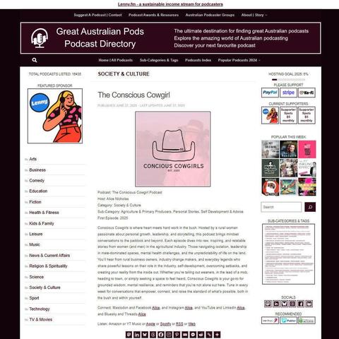 The Conscious Cowgirl Podcast
Screenshot of the podcast listing on the Great Australian Pods website