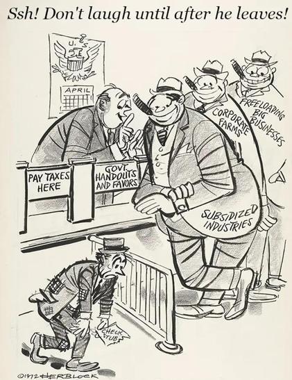 "Ssh! Don't laught until after he leaves!" (1972 Herbert Block editorial cartoon)