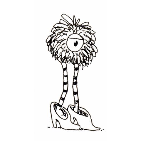 A simple line drawing of a strange creature. It looks like a fur ball with a large single eye, standing on two tube-like, striped legs with high heel shoes, which are definitely oversized. Black ink on white paper. 

Eine einfache Strichzeichnung, die ein komisches Wesen zeigt. Es ist eine Art Fellkugel mit einem einzelnen, großen Auge und zwei schlauchartigen, gestreiften Beinen. Die Figur trägt viel zu große Damenschuhe mit hohen Absätzen. Schwarze Tinte auf weißem Papier.