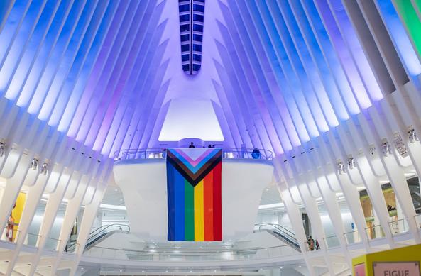 A large Progress Pride Flag hangs from the railings of one of the high observation balconies at either end of The Oculus, the World Trade Center / World Financial Center adjacent transit hub in downtown Manhattan.  The themed lighting design has illuminated the space's vaulted white ribs in colors from that flag; they've done a particularly good job of evoking the light blue from one of the trans chevrons.