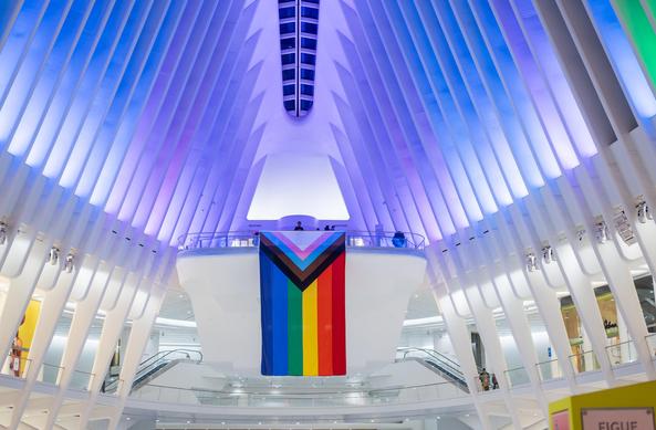 A large Progress Pride Flag hangs from the railings of one of the high observation balconies at either end of The Oculus, the World Trade Center / World Financial Center adjacent transit hub in downtown Manhattan.  The themed lighting design has illuminated the space's vaulted white ribs in colors from that flag; they've done a particularly good job of evoking the light blue from one of the trans chevrons.