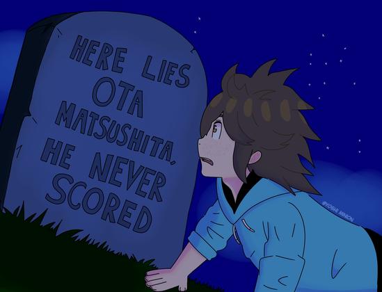 A parody of the scene in "Huh Huh Humbug" from Beavis and Butthead where Beavis, as Scrooge, sees his tombstone that says, "Here lies Beavis, he never scored".

In the parody, it's Ota Matsushita from AI The Somnium Files Nirvana Initiative in Beavis' place as the tombstone reads "Here lies Ota Matsushita, he never scored".
