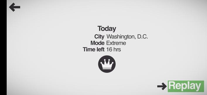 Splash screen of the Mini Metro game on Android. Today's challenge is Washington, D.C. (extreme). Extreme means that lines and trains are permanent and cannot be changed. I like the extreme challenges.