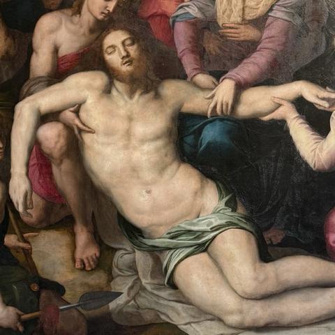 photo of the “deposition of christ”painting in florence depicting jesus christ dying in people’s arms