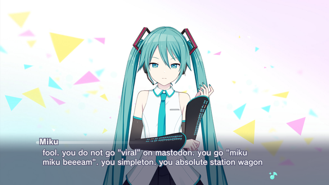 project sekai custom story board with miku and textbox saying "fool. you do not go "viral" on mastodon. you go "miku miku beeeam". you simpleton. you absolute station wagon"