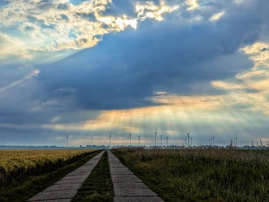 A rural track made of two parallel concrete strips cuts through a green field, leading towards a distant horizon. On the left, a field of golden crops stretches out. On the right, taller wild grasses border the path. In the middle distance, a line of wind turbines extends across the flat landscape. Above, dramatic, heavy clouds dominate the sky, with intense sunbeams breaking through and casting bright rays down onto the scene.