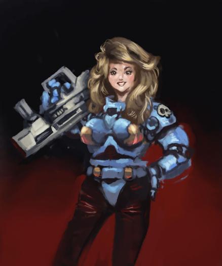 Digital painting of female soldier in power armor, with big poofy 80's hair