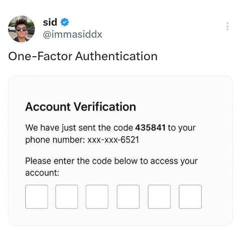 One-Factor Authentication:

Account Verification

We have just sent the code 435841 to your
phone number: xxx-xxx-6521
Please enter the code below to access your
account:
---- (blank space to enter code)