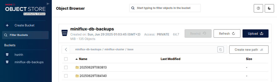 Screenshot från kontrollpanelen för MinIO Object Storage (community edition) med två lyckade backups från CloudNative Postgres.