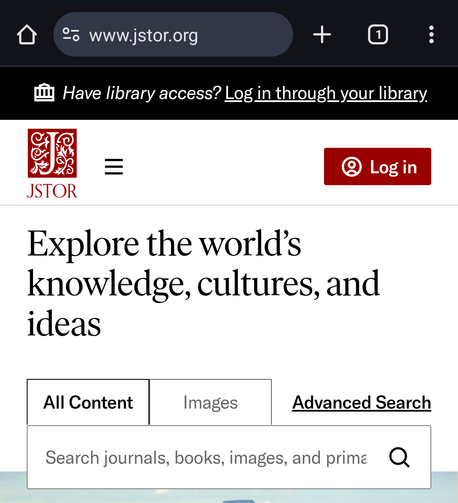 Screenshot of the JSTOR website homepage where "All Content" is the default search option.