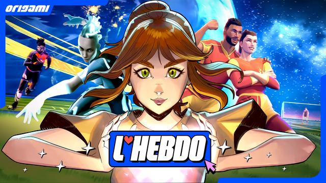 Vignette ORIGAMI L'Hebdo S02E38 présentant des illustrations issues de Rematch, TRON: Catalyst et Nova Hearts, avec au premier plan un personnage issu de Nova Hearts tenant le logo "L'HEBDO" dans ses mains.