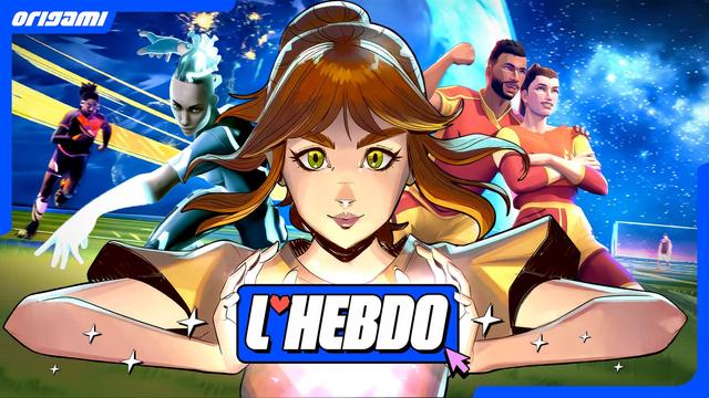 Vignette ORIGAMI L'Hebdo S02E38 présentant des illustrations issues de Rematch, TRON: Catalyst et Nova Hearts, avec au premier plan un personnage issu de Nova Hearts tenant le logo "L'HEBDO" dans ses mains.