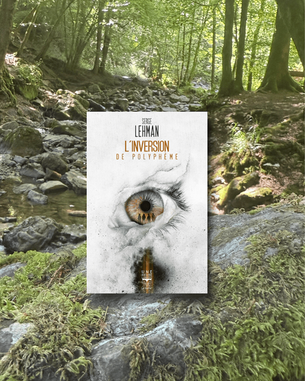 Livre posé sur un rocher en forêt. La couverture de L’inversion de Polyphème montre un oeil dans lequel on voir 4 silhouettes