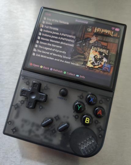 muOS on black Anbernic RG58XX Plus showing the ScummVM menu. Full Throttle on focus.