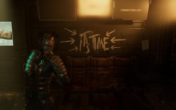 Isaac stands in front of a wall where a bunch of arrows are pointing to a scrawled (not in blood, this time): IT'S TIME