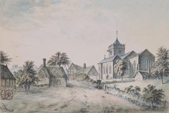 The rural town of Welshpool as it would have appeared in the late 18th century. A small church to the right and a handful of timber-framed and thatched-roof cottages. All is calm.