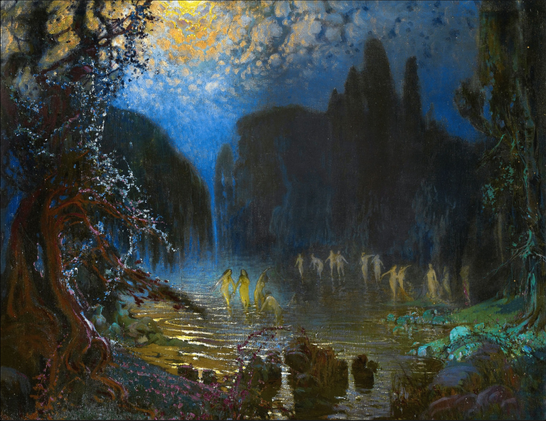 A moonlit pool amid trees, where a dozen nymphlike women dance.