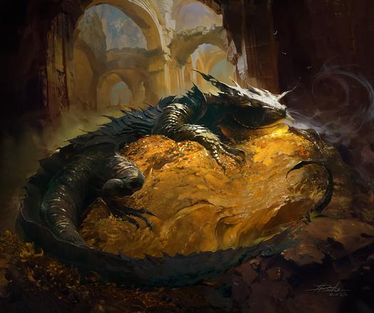 Under the arches of a ruined hall, a dragon-like figure crouches atop a golden bed.