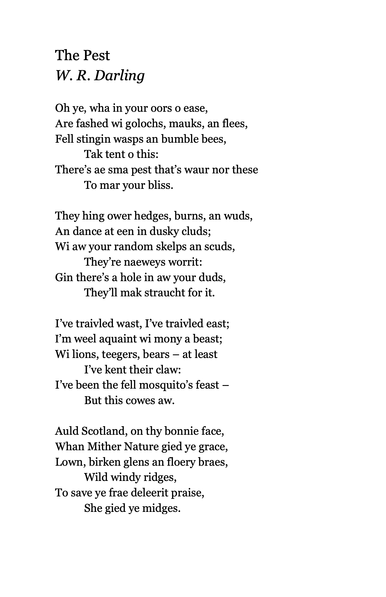 The Pest
W. R. Darling

Oh ye, wha in your oors o ease, ‍‍
‍‍Are fashed wi golochs, mauks, an flees,
Fell stingin wasps an bumble bees,
	Tak tent o this:
There’s ae sma pest that’s waur nor these
	To mar your bliss.

They hing ower hedges, burns, an wuds, ‍‍
‍‍An dance at een in dusky cluds;
Wi aw your random skelps an scuds,
	They’re naeweys worrit:
Gin there’s a hole in aw your duds,
	They’ll mak straucht for it.

I’ve traivled wast, I’ve traivled east; ‍‍
‍‍‍I’m weel aquaint wi mony a beast;
Wi lions, teegers, bears – at least
	I’ve kent their claw:
I’ve been the fell mosquito’s feast –
	But this cowes aw.

Auld Scotland, on thy bonnie face, ‍‍
‍‍Whan Mither Nature gied ye grace,
Lown, birken glens an floery braes,
	Wild windy ridges,
To save ye frae deleerit praise,
	She gied ye midges.