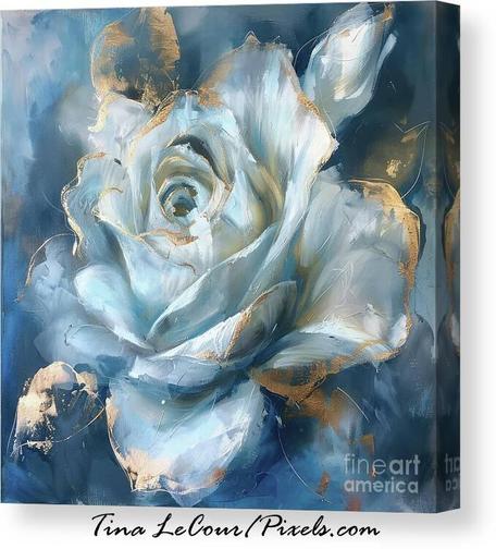 This is a canvas of a softly painted elelgant white rose with flecks of gold against a blue textured background.
