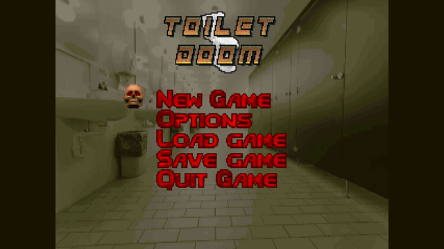 A screenshot from the fan-mad mod of the classic 1993 video game "Doom". This mod is called "Toilet doom". This screenshot is of the game's menu options, and the background is a photo of a restroom or washroom.